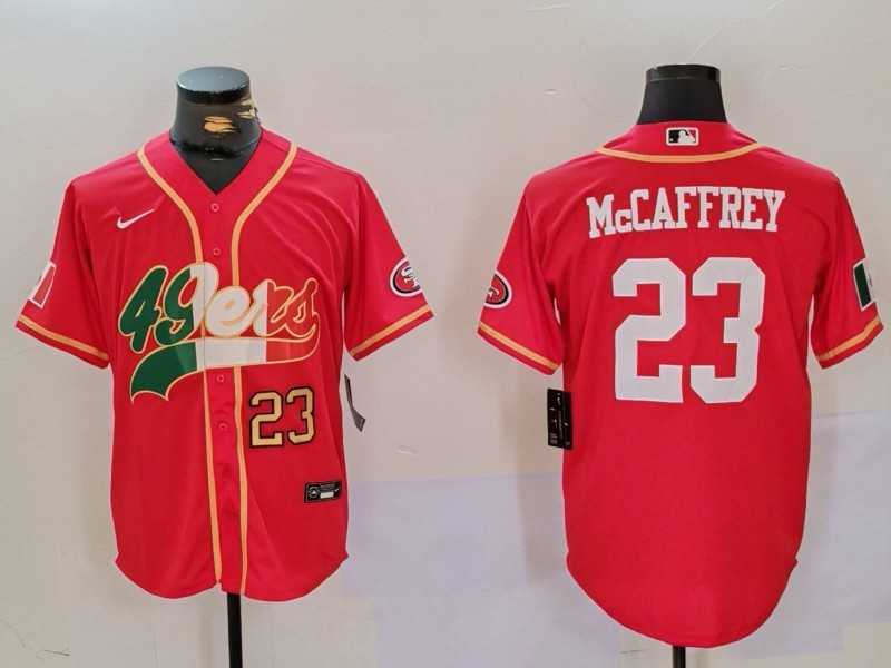 Mens San Francisco 49ers #23 Christian McCaffrey Red With Patch Cool Base Stitched Baseball Jerseys